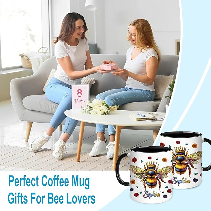Hyturtle Personalized Floral Bee Mug - Bee Keeper Gifts For Women Lovers Teacher - Honey Gifts For Beekeeper Farmer On Birthday - Queen Honeycomb Decor - Custom Coffee Cup Ceramic Mug 11 Oz 15 Oz