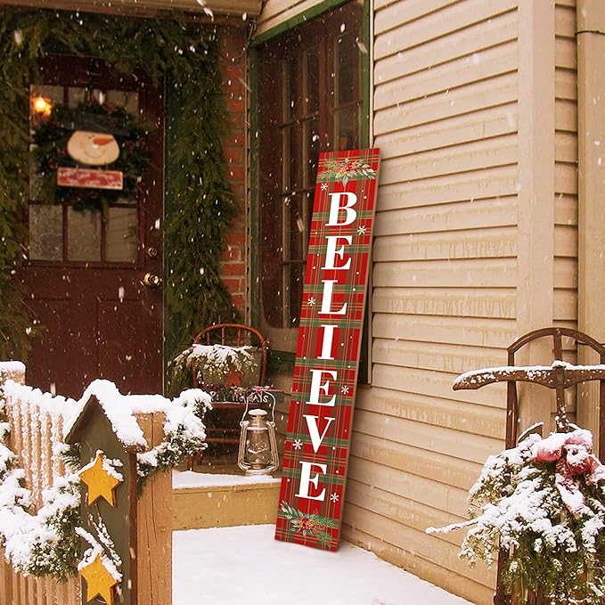 Winter Believe Porch Board Welcome Sign for Front Buffalo Plaid Door Porch Deck Patio or Wall - Indoor Outdoor Decorative Farmhouse Rustic Vertical Porch and Yard Decor - 47.2"H