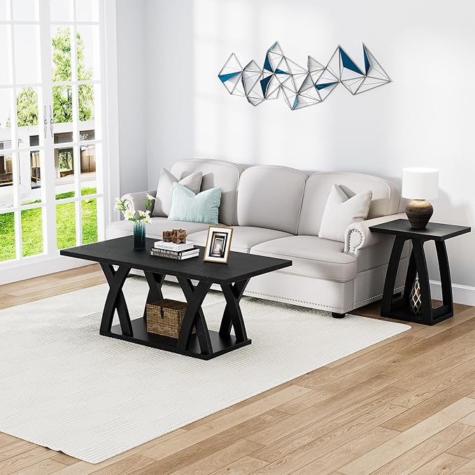 47” Wood Coffee Tables for Living Room Rustic Stands with Storage Shelf Black Coffee Tables for Living Room Farmhouse Center Stands with Shelf Farmhouse Rectangle Center Table