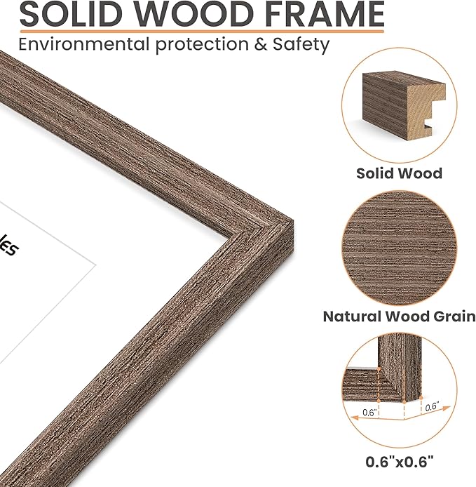 upsimples 8x10 Picture Frame, Natural Solid Wooden Picture Frames, Display 5x7 with Mat or 8 x 10 Without Mat, Wall or Tabletop, 1 Pack, Brown