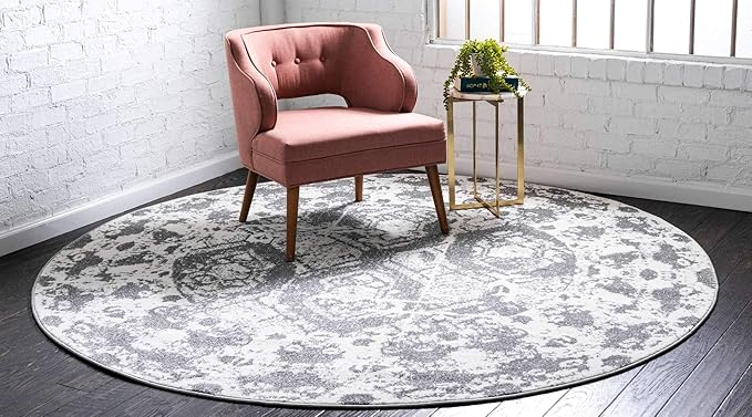 Unique Loom Rosso Collection Vintage, Geometric, Bohemian, Traditional, Distressed, Southwestern Area Rug, Round 4' 0" x 4' 0", Light Gray/Ivory