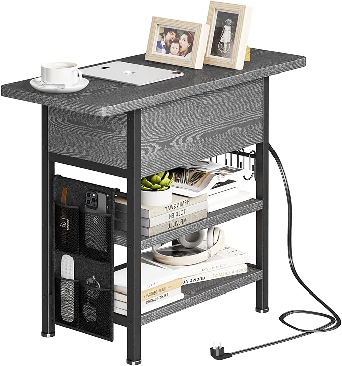 End Table with Charging Station, Flip Top Nightstand with USB Ports and Outlets,Couch Side Table with Fabric Bag and Hooks, Bedside Table for Space Saving, Living Room, Bedroom (Grey)