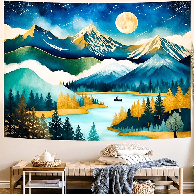Delur Mountain Tapestry Boho Moon Stars Starry Night Tapestry Wall Hanging Forest Tree Nature Landscape Psychedelic Headboard for Bedroom Living Room Home Decor (70.8" x 92.5")