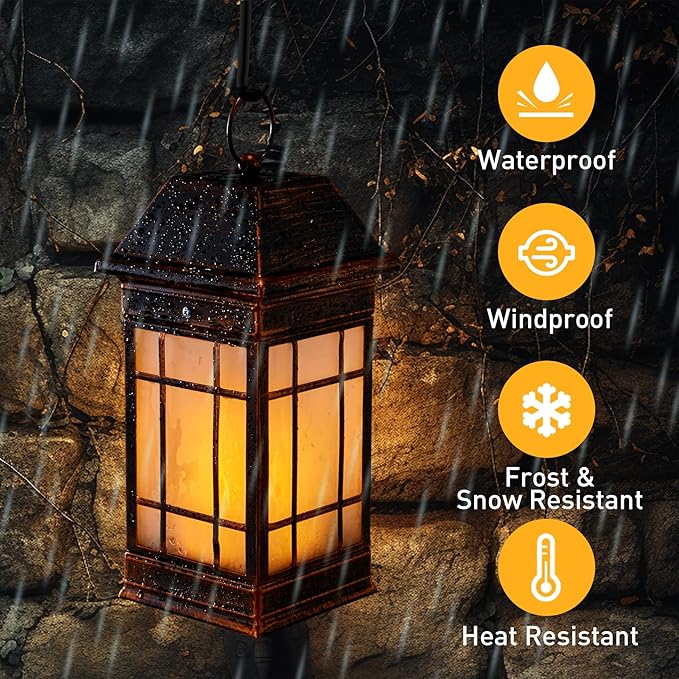 14" Solar Lantern Outdoor Waterproof, Glass Flickering Flame Solar Lanterns, Hanging Metal Lantern Decorative for Patio Front Porch Garden Backyard Tabletop Party Decoration