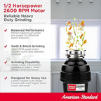 American Standard 10-US-AS-5-HD Garbage Disposal Anti-Jam Stainless Steel Food Waste Grinding System, Heavy Duty, 1/2 HP, Black