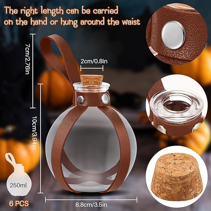 Patelai 6 Pcs Halloween Glass Potion Bottles with Belt Cork Renaissance Witch Costume Accessories Witch Props Potion Bottle for Halloween Party Decor Cosplay DIY Crafts Gift (Brown)