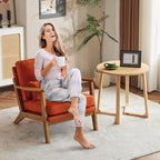 Karl home Accent Chair Wide Armrest Mid-Century Lounge Chair Linen Fabric Armchair with Lumbar Pillow & Solid Wood Frame for Living Room, Bedroom, Balcony, Burnt Orange