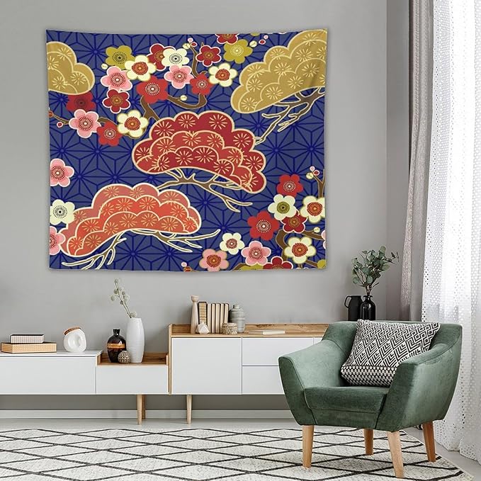 HZOHNAGO Japanese Tapestry Art Abstract Colorful Cherry Blossom Blue Background Pattern Printed Wall Tapestry Painting Wall Hanging for Bedroom Living Room Dorm 60" W x 50" H