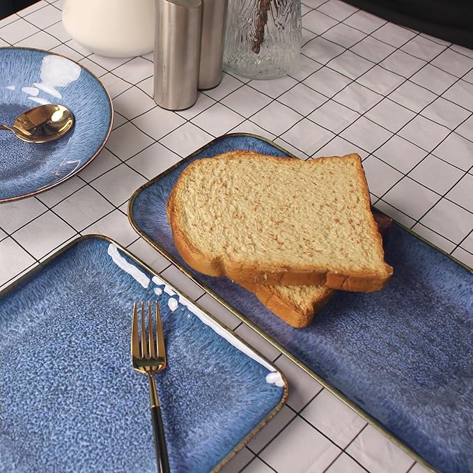 Porcelain Dinner Plates set dessert salad dish Set of 4,Main Dish for Steak,Bread, Pasta,Salad, Microwave Oven and Dishwasher Safe,Scratch Resistant Reusable 9.8 INCH Rectangular
