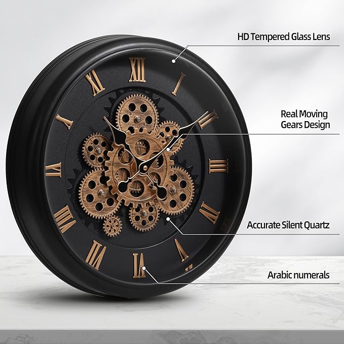 Maxstar Large Moving Gear Wall Clock,16" Vintage Mechanical Battery Operated Industrial Wall Clocks for Farmhouse Living Room,Home Office, Dinning Room, Kitchen, Steampunk Decor-Black,Roman Numeral