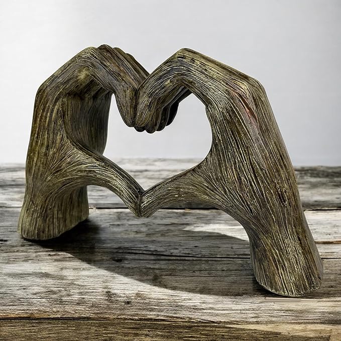 Top Brass Large Rustic Heart Hands Sculpture, 9 3/4” Resin Love Statue – Romantic Decor Accent for Shelf or Mantel – Perfect for Wedding, Valentine's Day or Anniversary (Rustic Wood Grain)