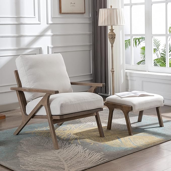 chairus 2 Sets Mid-Century Modern Accent Chairs with Ottoman, Linen Fabric Armchair with Wood Legs Comfy Upholstered Single Sofa Chair for Living Room/Bedroom/Lounge, White