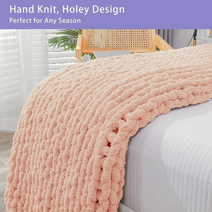 Bigacogo Chunky Knit Throw Blanket for Couch, 40x40 inches, 100% Hand Knitted with Thick Jumbo Chenille Yarn, Cozy Soft Large Rope Knot Cable Crochet Blankets for Sofa Bed Living Room, Peach Fuzz