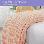 Bigacogo Chunky Knit Throw Blanket for Couch, 40x80 inches, 100% Hand Knitted with Thick Jumbo Chenille Yarn, Cozy Soft Large Rope Knot Cable Crochet Blankets for Sofa Bed Living Room, Peach Fuzz