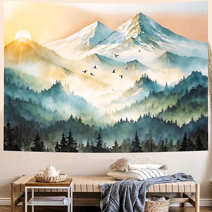 Delur Mountain Tapestry Boho Misty Sunset Forest Tree Tapestry Wall Hanging Sunrise Nature Landscape Psychedelic Headboard for Bedroom Living Room Home Decor (51.2" x 59.1")