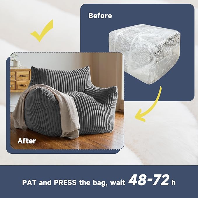 Oversized Bean Bag Chair for Adults, Giant Comfy Plush Boneless Bean Bag Couch with Filler for Kids - Reading Chair for Living Room, Bedroom & Dorm, Single Accent Chair Floor Lounger, Gray