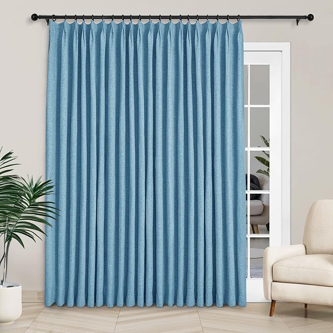 Macochico Extra Wide 100% Blackout Linen Curtains for Sliding Door Pleated Curtains with Hooks Insulated Soft Linen Drapes for Bedroom Living Room with Tieback Blue 100”Wx84”L 1 Panel