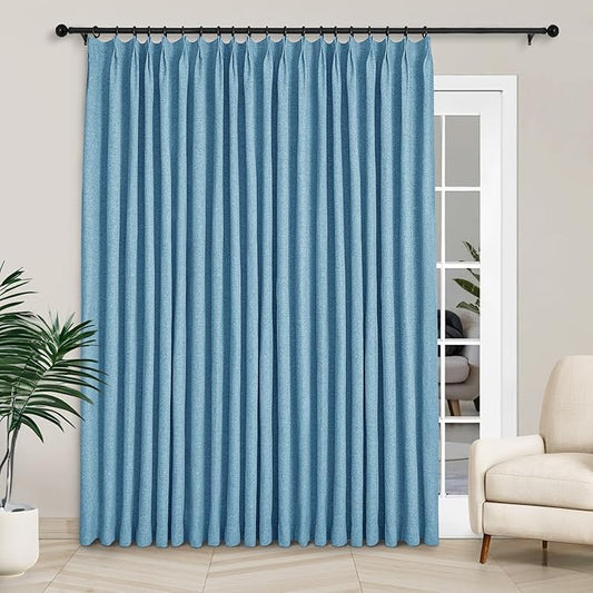 Macochico Extra Wide 100% Blackout Linen Curtains for Sliding Door Pleated Curtains with Hooks Insulated Soft Linen Drapes for Bedroom Living Room with Tieback Blue 100”Wx84”L 1 Panel
