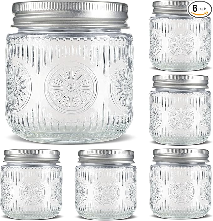 Mason Jars 8 oz - Vintage Small Glass Mason Jars with Silver Metal Lids, Regular Mouth Canning Jars, Safe For Storage, Canning, Pickling, Preserving, Fermenting, DIY Crafts & Decor (6Pack)