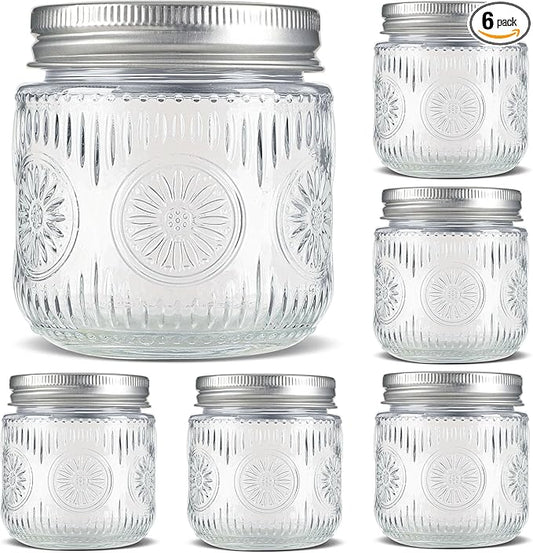 Mason Jars 8 oz - Vintage Small Glass Mason Jars with Silver Metal Lids, Regular Mouth Canning Jars, Safe For Storage, Canning, Pickling, Preserving, Fermenting, DIY Crafts & Decor (6Pack)