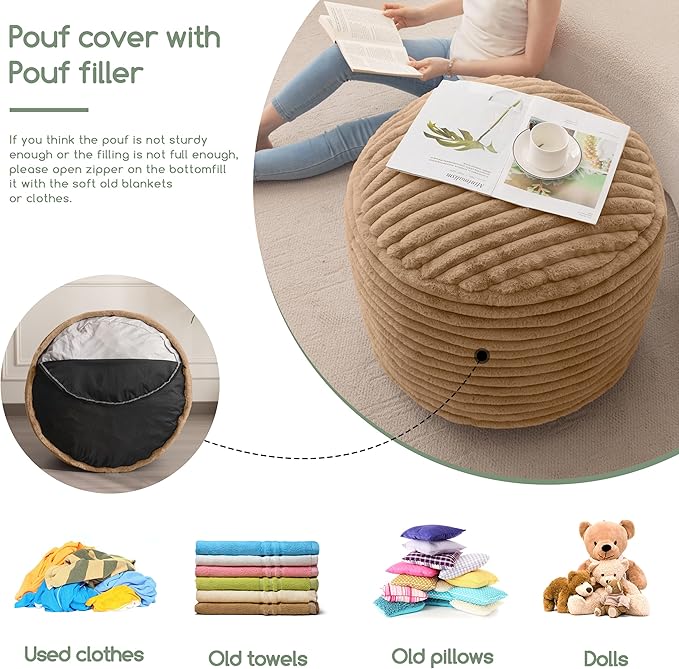 HIGOGOGO Round Stuffed Pouf Ottoman, Stripe Faux Fur Poufs with Foam Chunk Filling, Furry and Fluffy Pouf Foot Stool Storage Ottoman, 26 X 18 Floor Poufs Foot Rest for Living Room, Brown