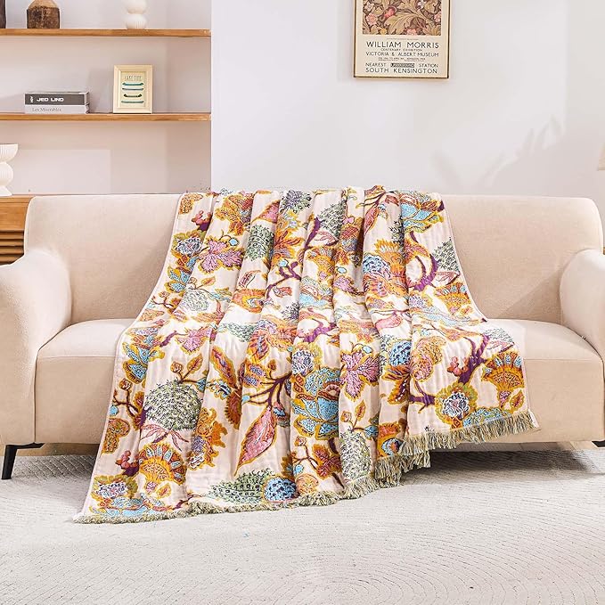 Boho Throw Blanket for Bed, 100% Cotton Soft Rustic Quilt Fall Blanket, 50"x60" Floral Printed Farmhouse Decor Bed Blankets, All Season Rustic Reversible Bohemian Throw Quilt