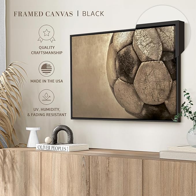Elephant Stock Worn Soccer Ball Wall Art - Horizontal Framed Canvas - 1-Piece Living Room Wall Decor - Photography sports Canvas Print - Brown and Gray Decor for Wall - 37" X 25"
