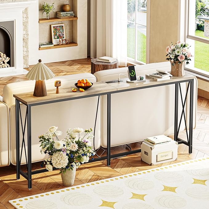 SUPERJARE 70 Inch Console Table with Outlets and USB-C Port, Extra Long Behind Couch Sofa Table with X-Shaped Design, Narrow for Entryway, Living Room, Metal Frame, Wooden Top, Grey Oak