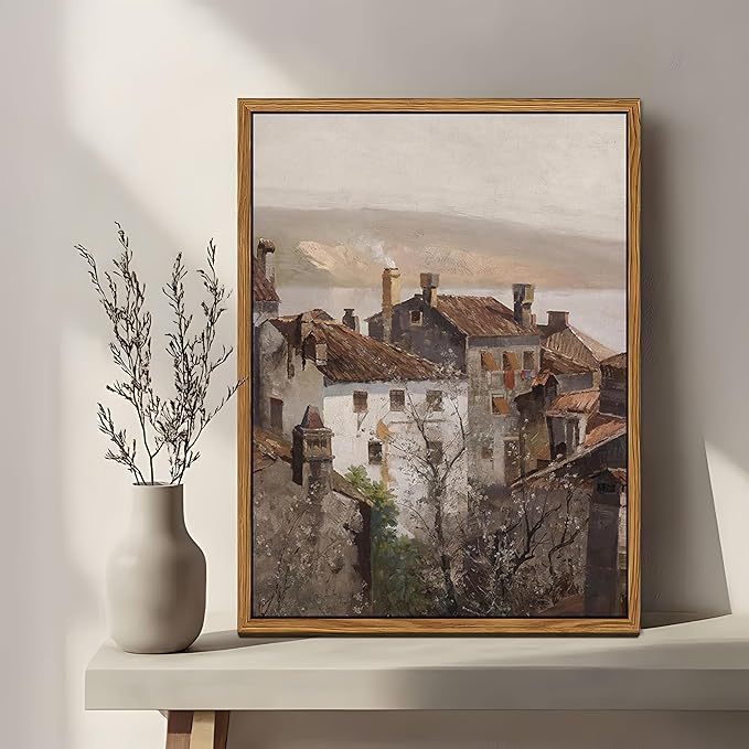 Floating Framed Vintage Canvas Wall Art, European Country Towns Wall Decor Oil Paintings Artwork, Rustic Farmhouse Posters Prints Pictures for Living Room Hallway Bedroom 12x16 inch