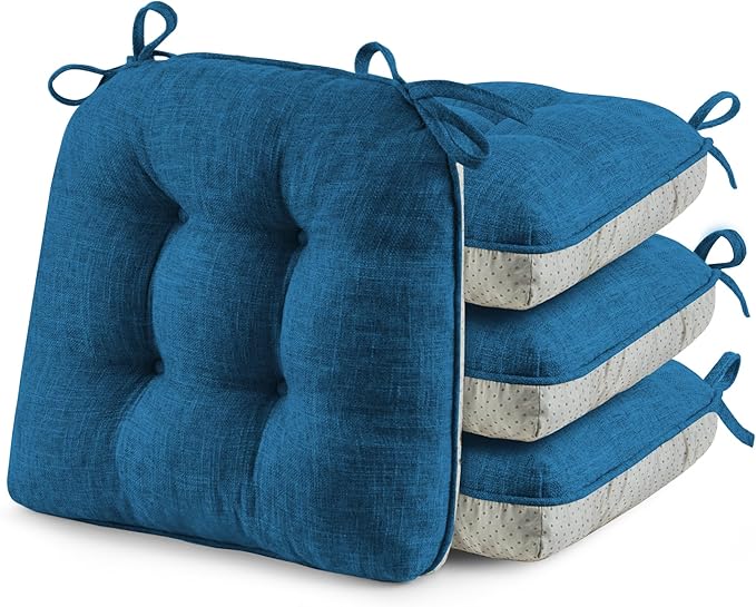 puredown® Chair Cushions for Dining Chairs, Tufted Memory Foam Chair Pads with Non-Slip Backing, Kitchen Seat Cushions with Ties, Washable Seat Pads Set of 4, 15.5" x 15.5" x 4", Navy