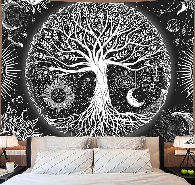FORATER Tree of Life Tapestry Wall Hanging, Sun and Moon Aesthetic Wall Tapestry Black and White Tapestries Home Decor for Living Room Bedroom(53 x 61 Inch, Black and White)
