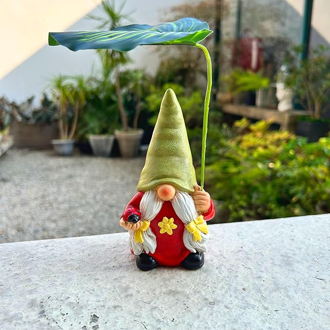 Garden Female Gnome Statue Decoration with Leaf Umbrella, 6.5” Figurine Ornament for Indoor Outdoor Home Patio Yard Lawn, for Gnome Lovers & Garden Enthusiasts，Mom，Women