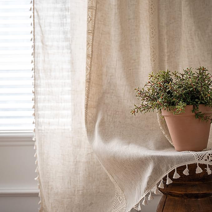 Sutuo Home Boho Linen Curtains for Kitchen Bedroom, Bohemian Semi Sheer Crochet Hollow Lace Patchwork with Textured Fabric Vintage Chic Handmade Tassels Rod Pocket Window Drapes, 59"W x 63"L, 1 Panel