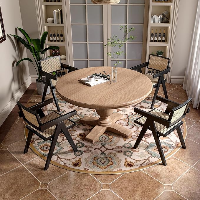 Rattan Dining Chairs Set of 4, Farmhouse Wicker Dining Chairs with Cane Seat Accent Armchair for Dining Room Kitchen Restaurant, Walnut