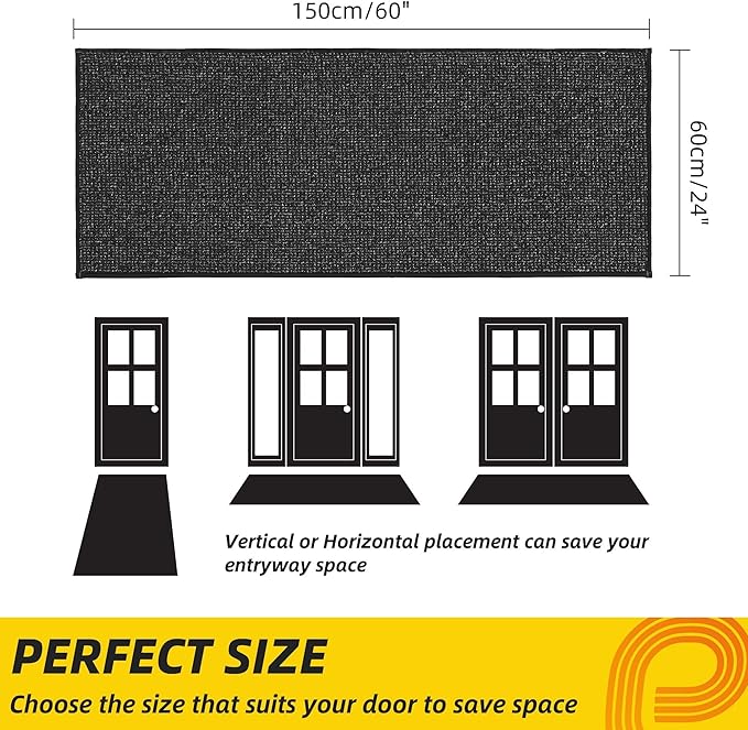 JSEI Dirt Trapper Door Mat 24"x60" Non-Slip Washable Entrance Mat, Dog Doormats, Absorbent & Fade-Resistant Floor Mats, Low Profile Welcome Mats for Entryway, Front Door, and Inside Entrance, Black