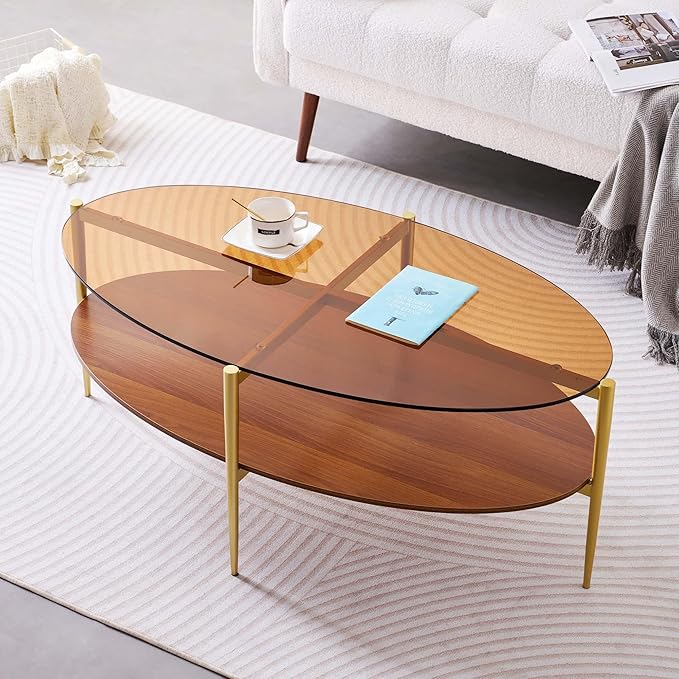Oval Glass Coffee Table, Mid-Century Modern Design, L43 x W22 x H17 inch, 2-Tier Structure, Olive Shaped Amber Glass Top and Walnut Finish Wood Shelf, Tapered Legs with Gold Finish Frame
