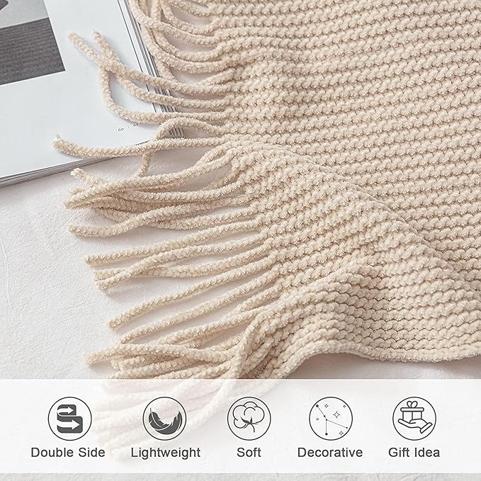 lifein Throw Blanket for Couch, Soft Boho Decor Bed Throw,Cozy White Chenille Knitted Small Farmhouse Lightweight Throw for Spring(White/Cream,60 * 80")