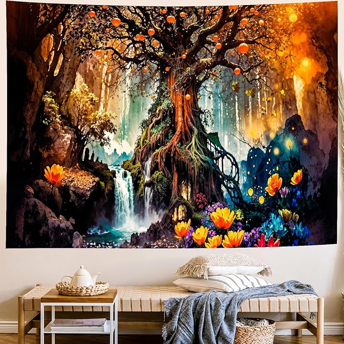 Delur Magical Forest Tapestry Fantasy Tree of Life Fairy Tale Enchanted Mystical Forest Tapestry Psychedelic Nature Landscape Wall Hanging Headboard for Bedroom Living Room Home Decor (51.2" x 59.1")