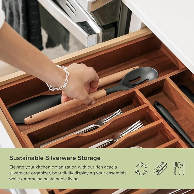 Premium Silverware, Flatware and Utensil Organizer for Kitchen Drawers, Food-Safe Contract Grade, Expandable from 10.5 to 19 In, Natural Acacia