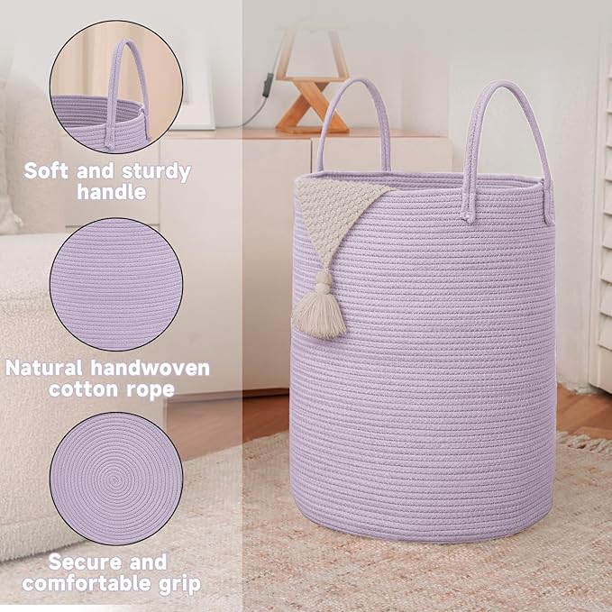 Large Woven Laundry Basket Hamper,60L Cotton Rope Storage Bin for Blankets,Toys and Clothes,Decorative Tall Nursery Hamper for Living Room,Baby Nursery,Bathroom and Bedroom,Purple