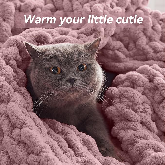 Chunky Knit Throw Blanket, 50''*60'' Knitted Throw Chenille Yarn for Bed Couch, Handmade Muted Pink Crochet Big Thick Blanket, Machine Washable Cute Comfy Blanket for Home Decor