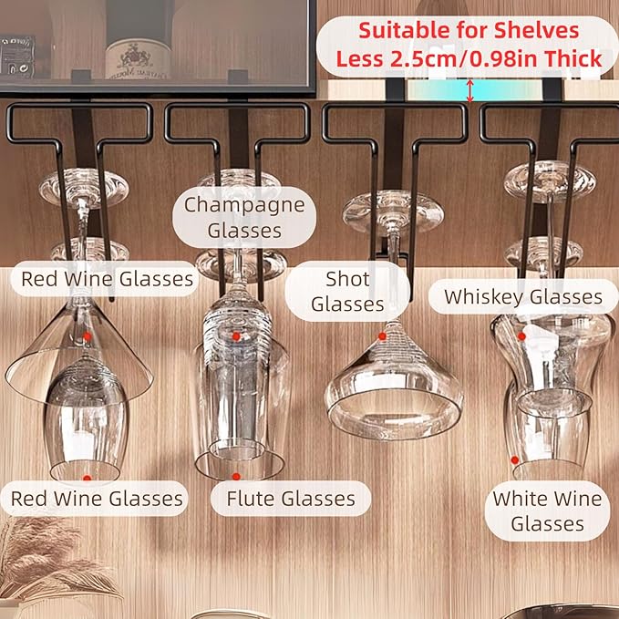 LINFIDITE Wine Glass Holder 2PCS Stemware Rack Hanger Under Cabinet Wine Glass Rack Kitchen Hanging Storage Rack Organizer,Black