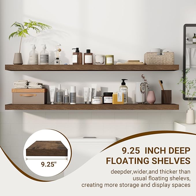 55 Inch Floating Shelves, 55"x9.25"x1.5" Inch Deep Floating Shelves for Wall, Wooden Shelves for Bathroom, Bedroom, Living Room, Brown