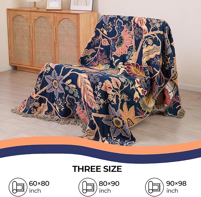 Boho Cotton Throw Blanket - Ultra-Soft Rustic Quilt for Bed, Home Decor & Travel - Large 60"x80" Muslin Blanket - All-Season Lightweight Bedspread & Throw for Women & Moms