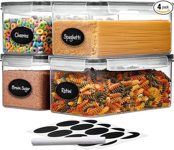 Large Airtight Food Storage Containers with Lids Set of 4 3.2L - 102 fl. oz Pasta storage Containers, BPA Free Plastic Spaghetti container - Air Tight Canisters for Kitchen Pantry Organization