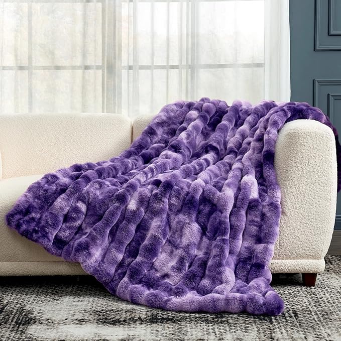 Cozy Bliss Faux Fur Throw Blanket for Couch, Fuzzy Soft Plush Thick Bubble Blanket for Sofa Bedroom Living Room, 50 * 60 Inches Tie-dye Purple