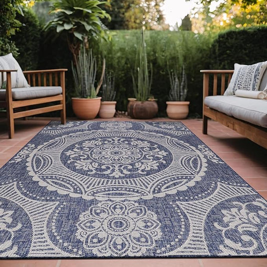 Medallion Outdoor Rug 6x9 Washable Outside Carpet for Indoor Patio Porch Waterproof Easy Cleaning Non Shedding Area Rugs Blue 6 x 9
