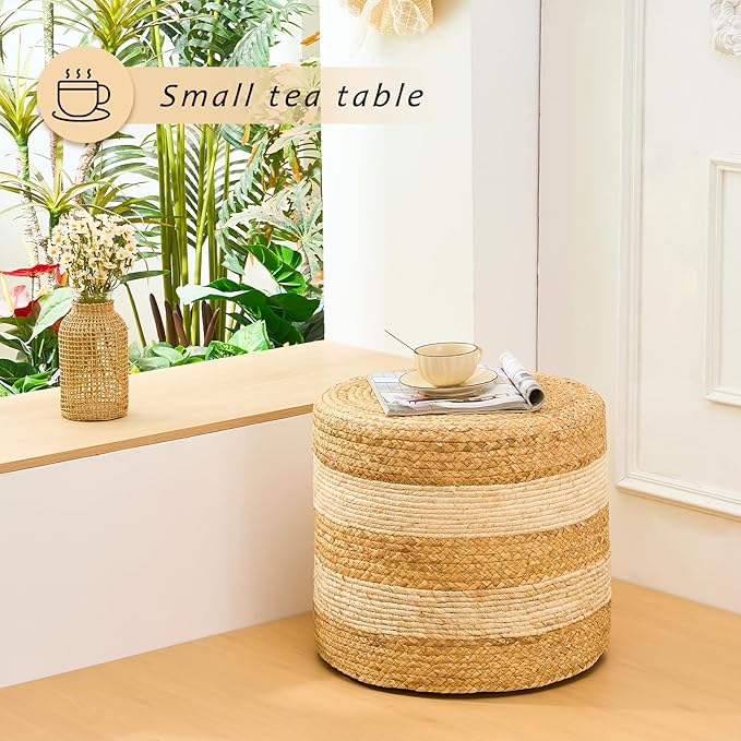 Handwoven Ottoman Pouf, Natural Water Hyacinth Footstool, Round Braided Outdoor Seat with Sturdy Frame, Boho Accent Stool for Patio, Balcony, or Garden (White)