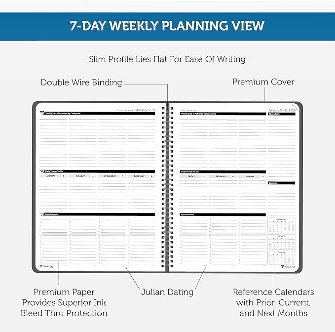 Planner Pad Spiral Bound January-December 2026/ Calender Year 8 1/2" x 11" Large 3-Tier Funnel Down 12 Month Organizer, Black Cover/Black Ink