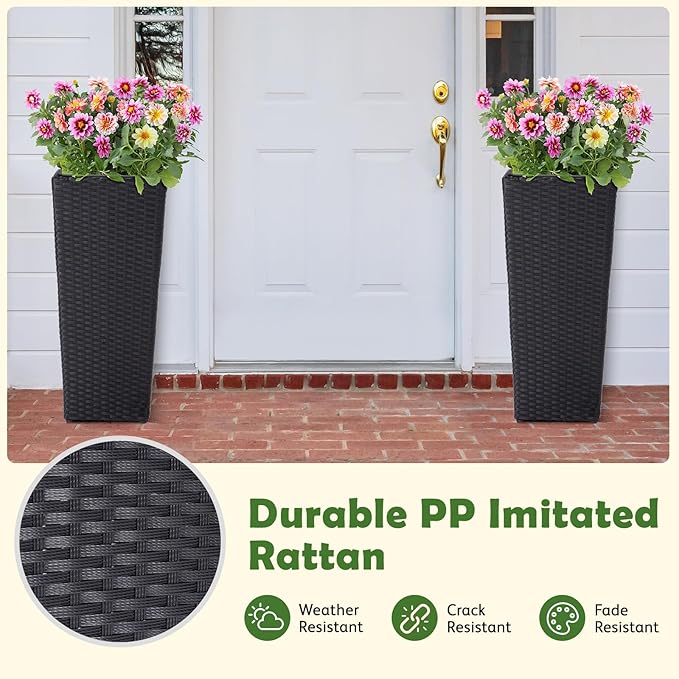 IDZO Wicker All-Weather Planter Set with Liners Tall Plant Decor Box for Outdoors Patio Herb Garden Furnishings - Rectangular Mocha